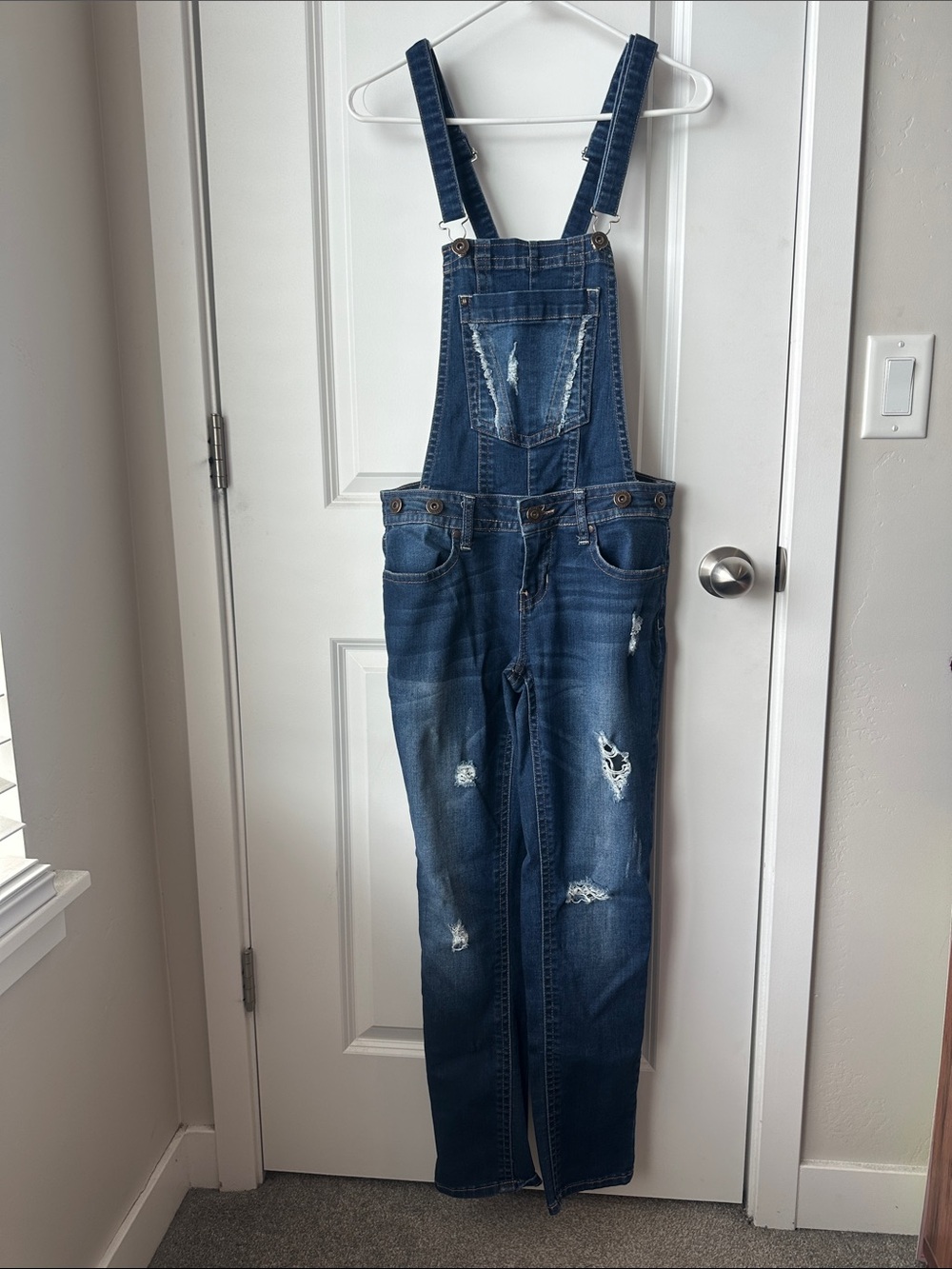 Women's Distressed Denim Overalls - Blue